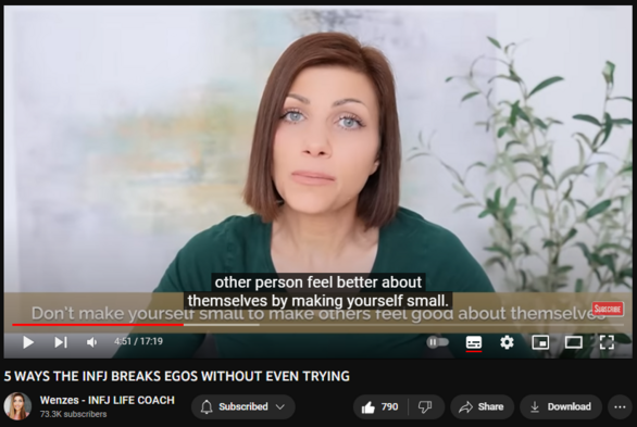 5 WAYS THE INFJ BREAKS EGOS WITHOUT EVEN TRYING
https://www.youtube.com/watch?v=ZUBXVqsQ-lM
7,460 views  9 Aug 2023  2023 Videos
GET READY FOR BOOTCAMP 🚀:
1. Download free 5 Pillars INFJ EPIC LIFE poster: http://bit.ly/5pillarsepiclife
2. Join INFJ Bootcamp Waiting List http://bit.ly/bootcampWL
3. set a reminder FREE Masterclass Youtube, Aug 19th: https://youtube.com/live/LQjVt7VBp-c

INFJ Life Coach  Lesson: Today's topic: The INFJ's unintentional ego demolition - 5 ways we break egos effortlessly. Every INFJ I've spoken to shares the same perplexing story: "I was just being myself and suddenly people were offended. It's like I shattered their ego with a single glance." It seems that INFJs have a knack for triggering intense reactions in others. So let's dive into the five ways we unwittingly crush egos and ponder whether it's our problem or theirs. How on earth do we handle this fragile situation? Let's find out.

All INFJ EPIC LIFE Programs: https://programs.wenzes.com/collections
Free Resources: https://wenzes.com/INFJ-Free-Resource/