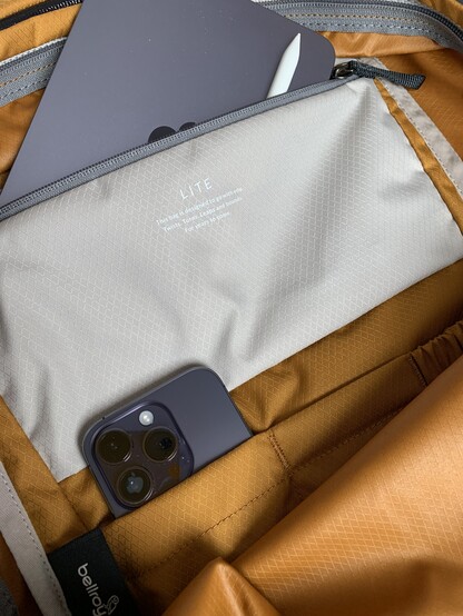 Bellroy Lite Daypack with iPad mini and iPhone 14 Pro in inner pockets