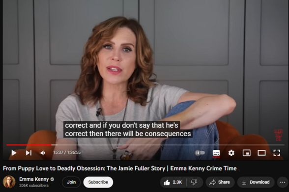 From Puppy Love to Deadly Obsession: The Jamie Fuller Story | Emma Kenny Crime Time
https://www.youtube.com/watch?v=tFleBFXQj9U
40,215 views  9 Aug 2023  #EmmaKenny #true
In today's deep dive with 'Emma Kenny Crime Time,' we venture into a haunting tale of adolescent love turned deadly—the chilling story of Jamie Fuller. This case, which unfolded in the 1990s, stands as a somber testament to how young infatuation can spiral into lethal aggression.

At just 16, Jamie Fuller murdered his 14-year-old girlfriend, Amy Carnevale, after she attempted to end their tumultuous relationship. The violent act was shocking, but the events leading up to it revealed a web of teenage angst, possessiveness, and toxic masculinity.
