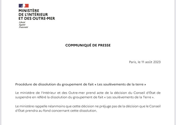 Le communiqué du ministère de l’Interieur sur la suspension de la dissolution des Soulèvements de la terre 