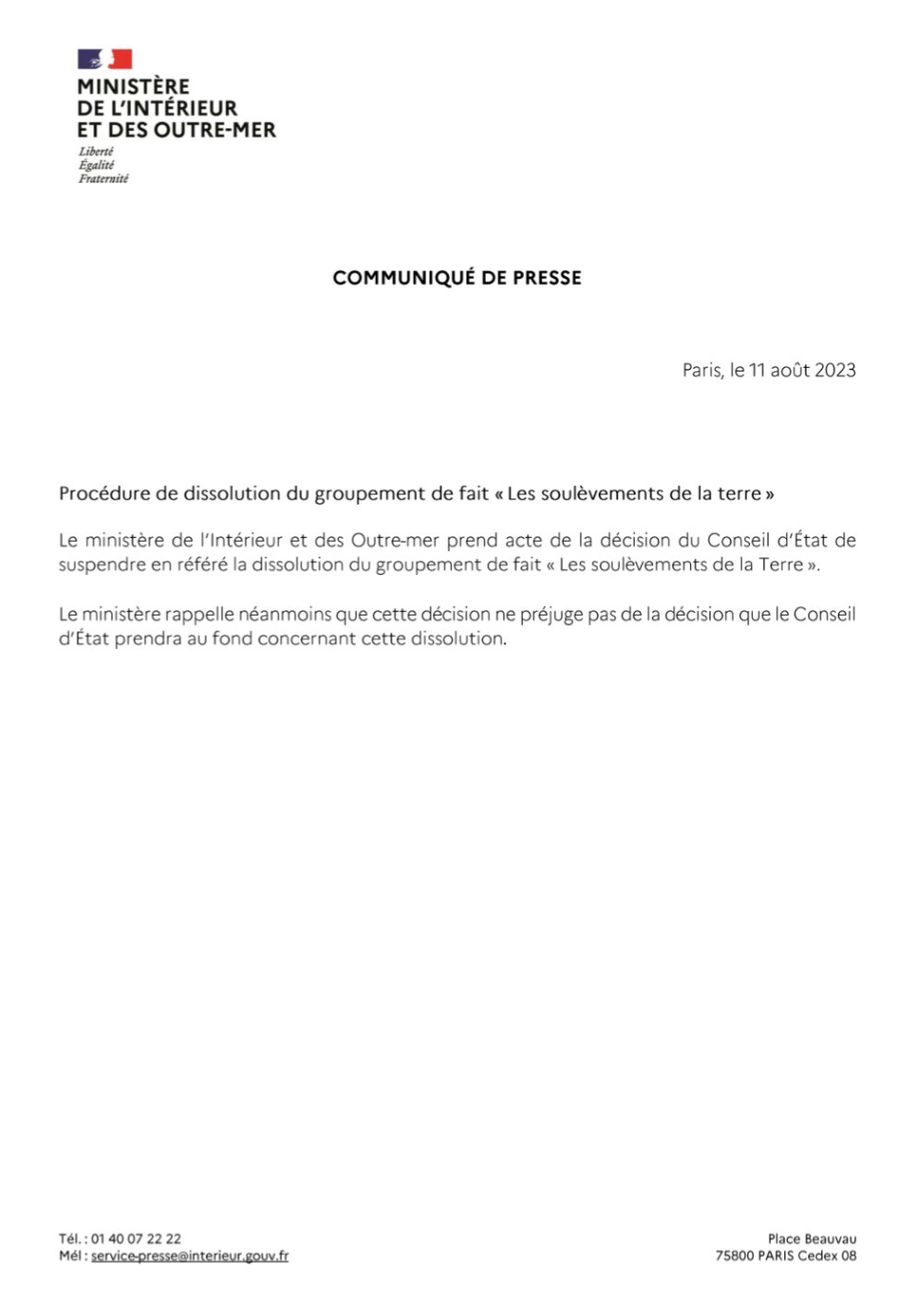 Communiqué de presse du Ministère de l'intérieur qui prend acte de la suspension de la dissolution des Soulèvements de la Terre.