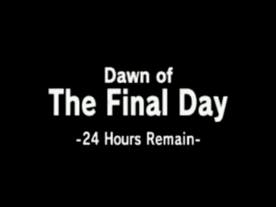 A title card from “The Legend of Zelda: Majora’s Mask” that reads, "Dawn of The Final Day. 24 Hours Remain."