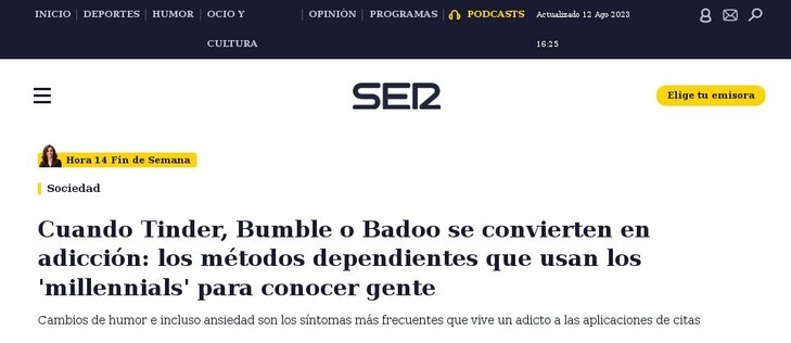 Los "millennials" en Tinder
Titulares Cadena Ser 2023 Ago.12
