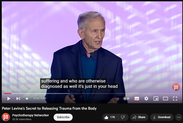 Peter Levine's Secret to Releasing Trauma from the Body
https://www.youtube.com/watch?v=s1RnTipiU_Q
948,377 views  16 Sept 2016
In this video clip from his 2013 Psychotherapy Networker keynote address, "Trauma and the Unspoken Voice of the Body," trauma expert and bestselling author Peter Levine explains how the body stores the memory of a traumatic event. Featuring a clip from an actual session with a combat veteran, Levine then demonstrates an exercise for releasing trauma from the body.

Did you enjoy this video? Check out www.psychotherapynetworker.org for more articles and videos from Peter Levine!