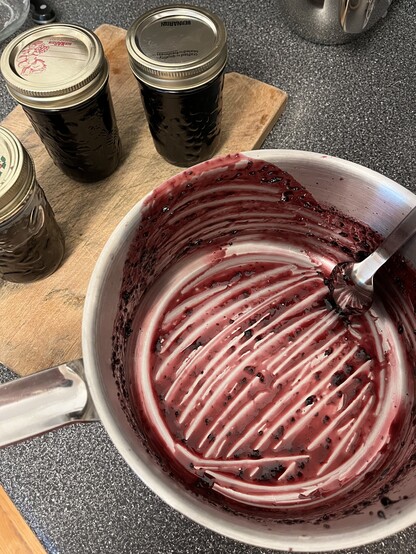 The pot is on the counter and empty. There are three jars on a cutting board beside it, two full and one half full