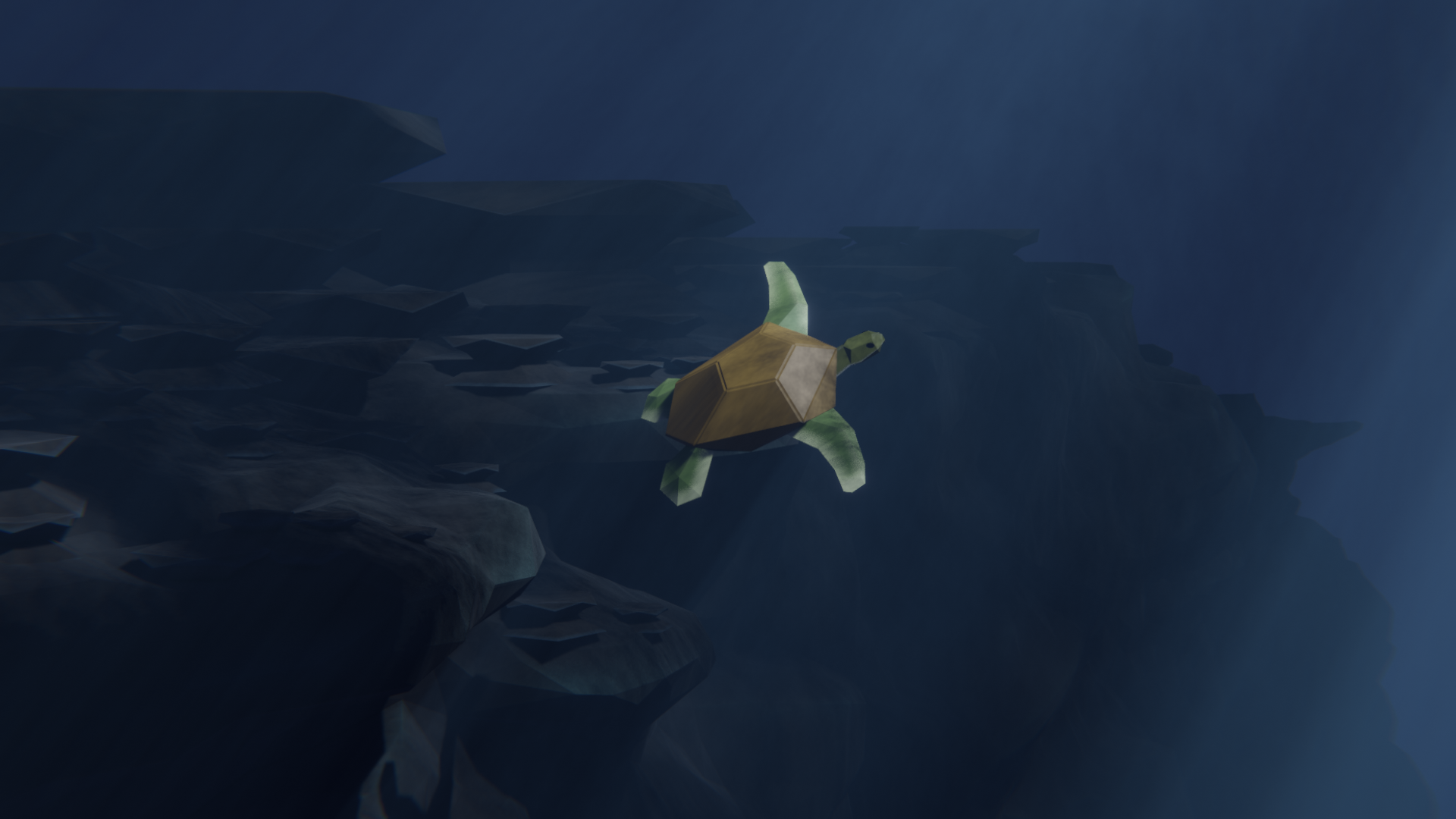 A low poly scene showing a turtle swimming at the dropoff of a continental shelf. Light rays stream down from above