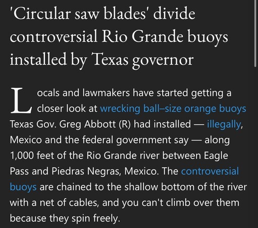 Image of headline Circular saw blades' divide controversial Rio Grande buoys installed by Texas governor

Christians is the Bible to bend and twist and give commission their predisposition for evil 