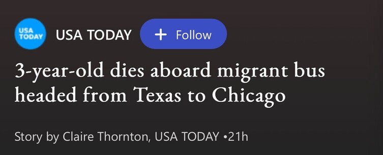 Headline 3-year-old dies aboard migrant bus headed from Texas to Chicago

If you want to “well actually” this or “both sides this” then you need to come to terms with the fact you’re a drag on society and you hold no value 