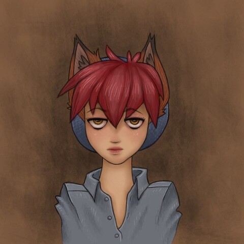 A digital drawing of a boy with short red hair and red-brown fox ears. He is wearing a muted blue buttonup shirt with the top buttons open and a dark blue beanie. He has a mild and bored expression, with orange eyes and rosy lips. The background is a neutral-to-warm brown with a rough gradient towards the center to dark black-brown behind the character.
