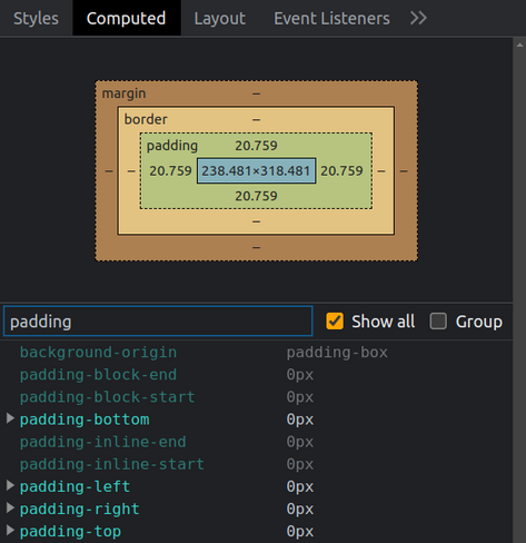 Screenshot of the Computed tab in Chrome DevTools. The computed padding values are fine, but the values on the box model diagram aren't.