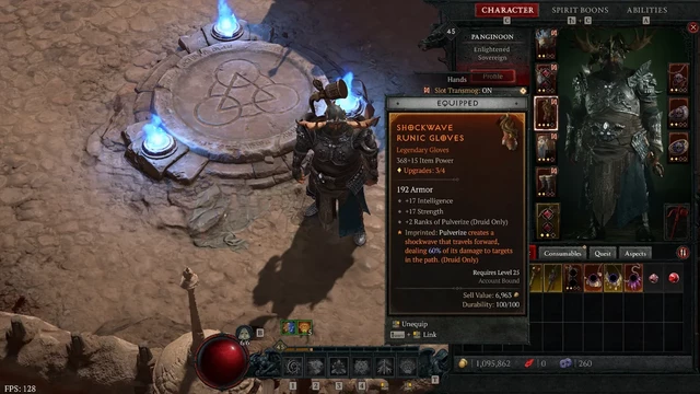 Diablo IV Druid character showing Gloves gear.