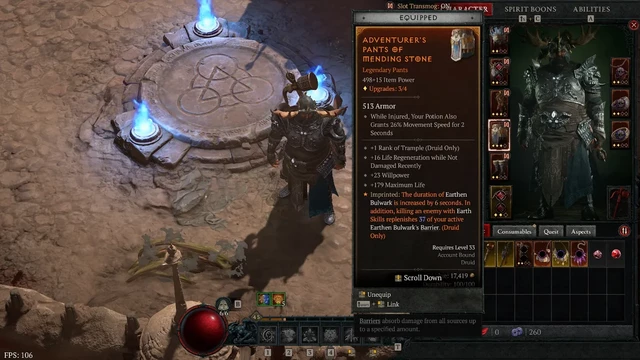 Diablo IV Druid character showing Pants gear.