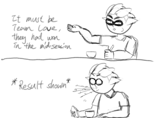 Me, eating cereal: "It must be Team Love, they had won in the mid-section"

*Watching the phone and the splatfest results shown*

Me: surprised, spit out cereal