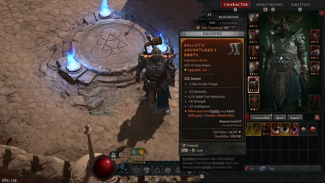 Diablo IV Druid character showing Boots gear.