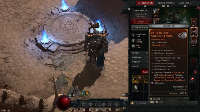 Diablo IV Druid character showing Ring gear.