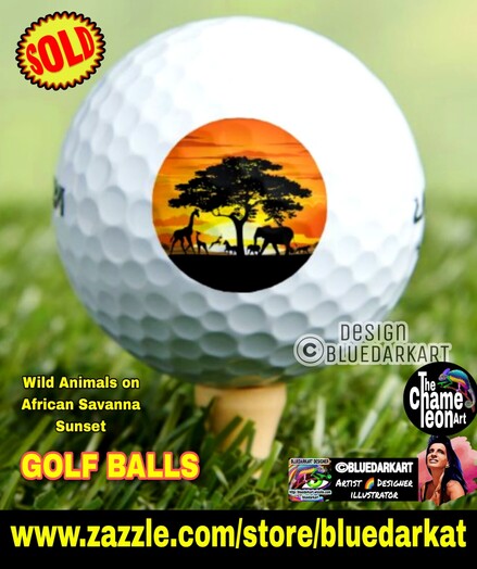 Wild Animals on African Savanna Sunset design Copyright BluedarkArt TheChameleonArt â—� Here printed on Golf Ball available in the Bluedarkat Zazzle Store