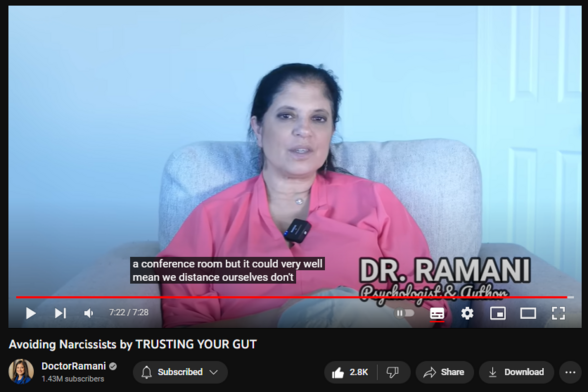 Avoiding Narcissists by TRUSTING YOUR GUT
https://www.youtube.com/watch?v=48K5auz84Zc
39,078 views  12 Aug 2023
SIGN UP FOR MY HEALING PROGRAM: https://doctor-ramani.teachable.com/p...

LISTEN TO MY NEW PODCAST "NAVIGATING NARCISSISM"
Apple Podcasts: https://podcasts.apple.com/us/podcast...
Spotify: https://open.spotify.com/show/2fUMDuT...
Stitcher: https://www.stitcher.com/podcast/how-...
iHeart Radio: https://www.iheart.com/podcast/1119-n...