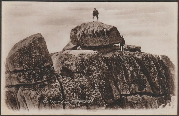 A vintage sepia photographic postcard of the Logan Rock, or Mên Omborth, at Treen in Cornwall. The Logan Rock is a logan stone or rocking stone which weighs between 80 and 90 tons and can be rocked by hand, though less so since the stone was dislodged by British Navy seamen in 1824. The rock lies within Treryn Dinas, an Iron Age promontory fort, or cliff castle.