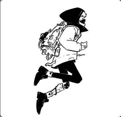 Illustration in black on white background of person jumping. The person has black boot shoes, one mechanical leg, backpack and hoodie and mask.