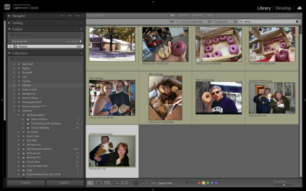 A screen capture of Lightroom Classic. On the top bar you can see I am searching for the keyword “donut”