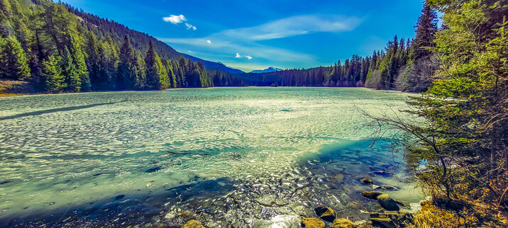 The Valley Of The Five Lakes. Jasper, Alberta.
Ice is starting to melt on the lake as warmer weather returns