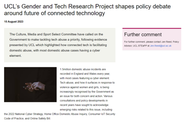 Screenshot of news item on UCL website