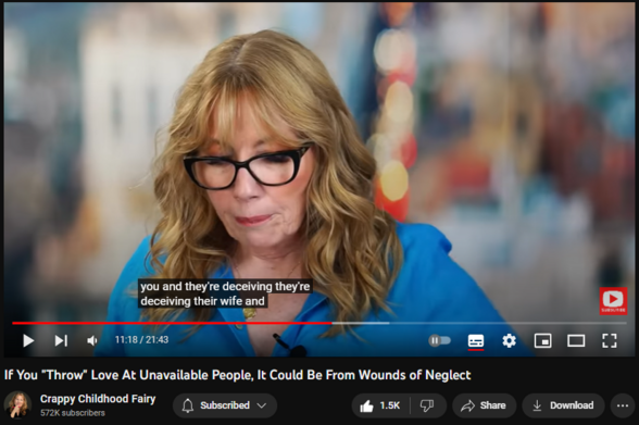 If You "Throw" Love At Unavailable People, It Could Be From Wounds of Neglect
https://www.youtube.com/watch?v=0BcUA5hEIAE
24,245 views  11 Aug 2023
LIVE Webinar August 24: Healing SHAME: https://bit.ly/3ifhJ8U
Have CPTSD? TAKE THE QUIZ: http://bit.ly/3GhE65z
FREE COURSE: The Daily Practice: http://bit.ly/3X1BrE0
Website: http://bit.ly/3CxgkRY
***
People neglected as children sometimes spend their WHOLE life longing or love – chasing it, fighting for it, longing for it, and never having it, all because of this -- an attraction to unavailable people. This includes people who are married and can’t really be with you (but string you along), or people who flat out aren’t into you. Yet your wounds from childhood make you the PERFECT person to give all your energy, love and self-esteem to them, basically for free. In this video I respond to a woman who is trapped in a painful affair with a married man, who seeks help ending it, and preventing this from ever happening again.
***
LETTERS: Want to submit a question for me to answer in a video? 
Keep it short, not too explicit, relevant for this audience.
http://bit.ly/3VVxqjm