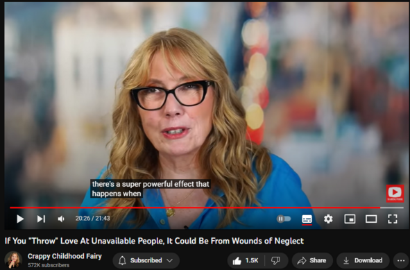 If You "Throw" Love At Unavailable People, It Could Be From Wounds of Neglect
https://www.youtube.com/watch?v=0BcUA5hEIAE
24,245 views  11 Aug 2023
LIVE Webinar August 24: Healing SHAME: https://bit.ly/3ifhJ8U
Have CPTSD? TAKE THE QUIZ: http://bit.ly/3GhE65z
FREE COURSE: The Daily Practice: http://bit.ly/3X1BrE0
Website: http://bit.ly/3CxgkRY
***
People neglected as children sometimes spend their WHOLE life longing or love – chasing it, fighting for it, longing for it, and never having it, all because of this -- an attraction to unavailable people. This includes people who are married and can’t really be with you (but string you along), or people who flat out aren’t into you. Yet your wounds from childhood make you the PERFECT person to give all your energy, love and self-esteem to them, basically for free. In this video I respond to a woman who is trapped in a painful affair with a married man, who seeks help ending it, and preventing this from ever happening again.
***
LETTERS: Want to submit a question for me to answer in a video? 
Keep it short, not too explicit, relevant for this audience.
http://bit.ly/3VVxqjm