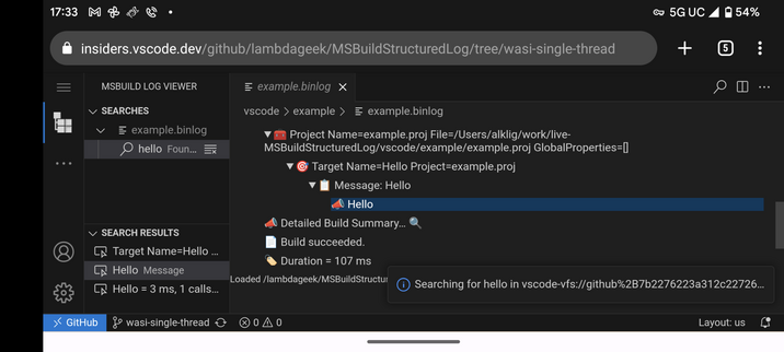 MS Build structured log viewer running on VS Code for the Web in an Android device