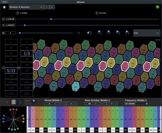 screenshot of Wilsonic: Moments of Symmetry, generalized keyboard layout: a 1/3 layout of a 5/13 scale