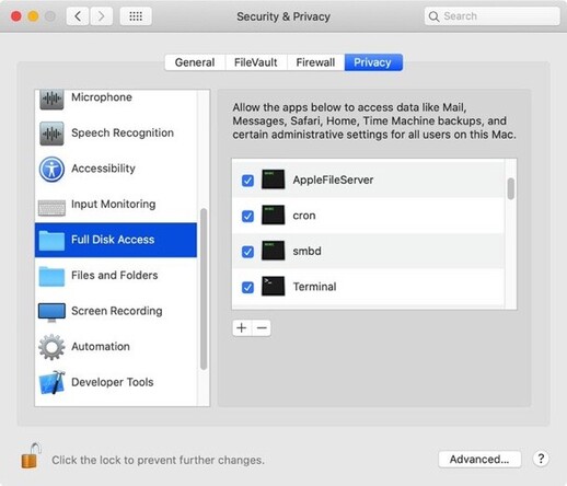 Screenshot of the Security & Privacy section in macOS Preferences, showing 'cron' added to the `Full Disk Access` group of apps.