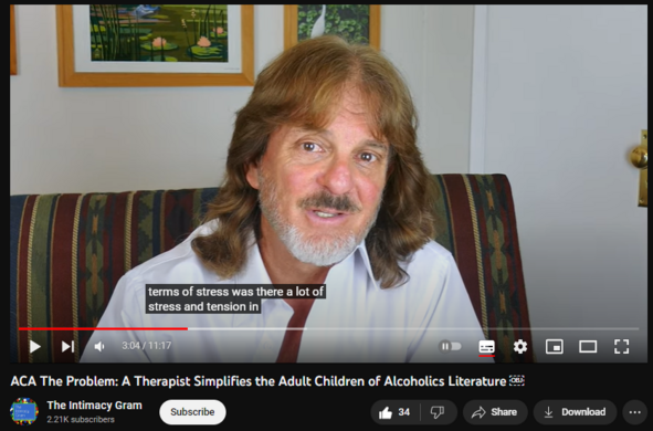 ACA The Problem: A Therapist Simplifies the Adult Children of Alcoholics Literature ￼
https://www.youtube.com/watch?v=-eqL2gk0odc
279 views  Premiered on 13 Aug 2023  #narcoticsanonymous #The_Intimacy_Gram #alcoholicsanonymous
The Problem (adapted from the ACA Laundry List) is a core piece of literature in the Adult Children of Alcoholics (ACA, ACoA) fellowship.  It identifies and outlines core traits of the Adult Child who still suffers. These core traits serve as a starting basis for moving into The Solution.  This is part of the foundation of ACA. 

And while this is read several times in most meetings, many people brush over the main points and fail to gain the benefits of recovery.  In this video we explore the important wisdom and direction outlined in The Problem.

I'm Ken Francis, M.S., California licensed Marriage and Family Therapist and author of The Intimacy Gram and The Gratitude Snorkel and Other Bedtime Stories. With Covid-19 social distancing practices, I have had to stop teaching classes at my clinic. This video and others are my attempt to make my educational topics available to my patients. I have placed them on YouTube so others can benefit. Please like and subscribe to get more videos on recovery: Alcoholics Anonymous, Narcotics Anonymous, Alanon, Adult Children of Alcoholics, Mindfulness, good Mental Health and Self Care.