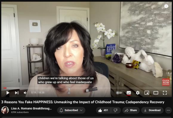 3 Reasons You Fake HAPPINESS: Unmasking the Impact of Childhood Trauma; Codependency Recovery
https://www.youtube.com/watch?v=9UswNAb0Wys
4,575 views  12 Aug 2023  SIGNS OF TOXIC RELATIONSHIPS
#happiness #childhoodtrauma #codependency In this video, you will learn about 3 reasons you fake happiness. Unmasking the impact of childhood trauma is essential to healing from codependency and finding happiness and contentment in your life despite childhood trauma. 

In this video, Lisa A. Romano, Life Coach and Codependency Recovery Expert, teaches you about 3 reasons why adult children from alcoholic and toxic dysfunctional homes fake happiness. 

3 in 1 Coaching Package Offer
For a limited time, you can register for 3 of Lisa's Coaching Programs for less than the price of 1. To grab that offer before its gone visit;
https://www.lisaaromano.com/btwm-special

Lisa A. Romano is a Life Coach and bestselling author specializing in helping people reclaim their lives by ascending old thought patterns and healing faulty childhood subconscious programs. She is an expert in the fields of codependency, narcissistic abuse, and elevating consciousness.  She is also one of the most popular meditation teachers on Insight Timer and is the creator of the 12 Week Breakthrough Coaching Program. If you feel invisible, unworthy, and lack a sense of self or purpose, Lisa's work in the field of personal development can help you gain the self-awareness required to breakthrough.

coach@lisaaromano.com