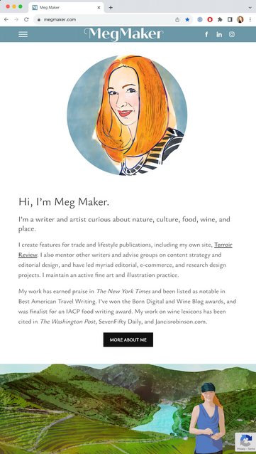 Screenshot of the home page of megmaker.com, showing an illustrated self portrait and information about the wine writer, editor, and strategist.