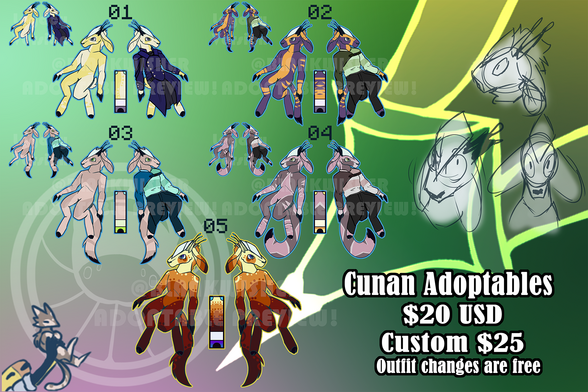 01- Sunny
02- Purple+Orange
03- Cream
04- Neapolitan
05- Sunset

Adopts $20 USD
Customs $25 USD
Outfit Changes are free