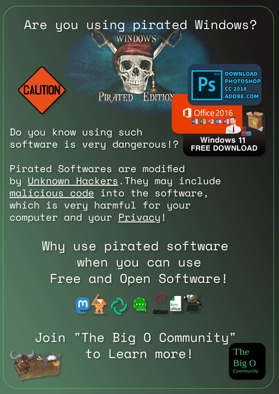 Why use pirated software, when you can use Free and Open Source Software!

Join #thebigOcommunity Where we use and promote #Freesoftware to general public!