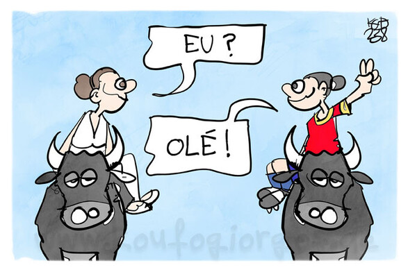 Karikatur: Europa und eine spanische Fußballerin sitzen jeweils auf einem Stier. Europa fragt: EU? Die Spanierin ruft: Olé!
