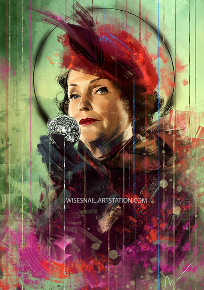 Portrait of Miranda Richardson as Shax from Good Omens. She is  wearing leather gloves and a red / pink hat, and is holding a tiny mirror. The background is rendered in green hues that complement the red of her outfit. A black halo surrounds her head.