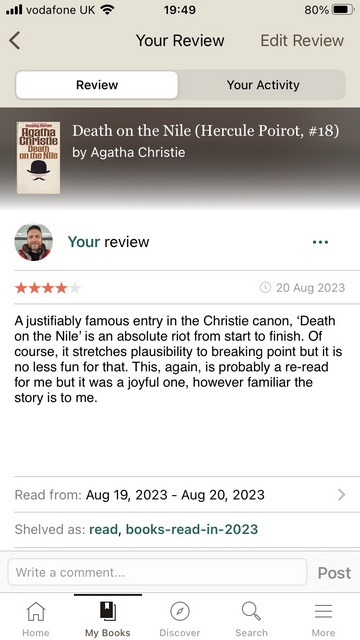 A screenshot of my Goodreads review of Agatha Christie’s ‘Death on the Nile’.