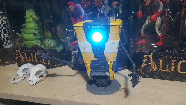 A 3d printed Claptrap unit from the Borderlands franchise. 
