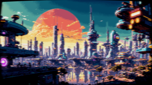 Pixel art of a dream yet to be realised, a cityscape nestled on the horizon of tomorrow. Futuristic edifices rise towards the azure sky, conceived from the womb of advanced technology and eco-conscious vision. Bathed in the unending radiance of a bright, sunny day, the city pulses with the rhythm of a thousand suns. This is a solarpunk panorama, a testament to the harmonious marriage of nature and technology, where the future does not just promise but guarantees optimism. It's an emblem of hope, of green dreams nurtured under the golden sun, a beacon of light in the wide expanse, forever glowing, forever hopeful. The image has a CRT filter applied.