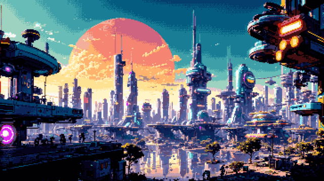 Pixel art of a dream yet to be realised, a cityscape nestled on the horizon of tomorrow. Futuristic edifices rise towards the azure sky, conceived from the womb of advanced technology and eco-conscious vision. Bathed in the unending radiance of a bright, sunny day, the city pulses with the rhythm of a thousand suns. This is a solarpunk panorama, a testament to the harmonious marriage of nature and technology, where the future does not just promise but guarantees optimism. It's an emblem of hope, of green dreams nurtured under the golden sun, a beacon of light in the wide expanse, forever glowing, forever hopeful.  
