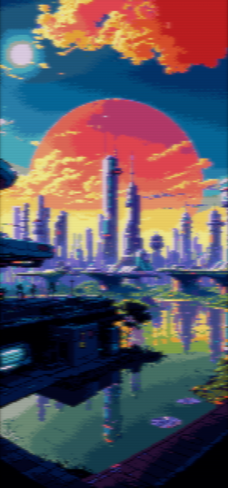 Phone wallpaper version of a pixel art of a dream yet to be realised, a cityscape nestled on the horizon of tomorrow. Futuristic edifices rise towards the azure sky, conceived from the womb of advanced technology and eco-conscious vision. Bathed in the unending radiance of a bright, sunny day, the city pulses with the rhythm of a thousand suns. This is a solarpunk panorama, a testament to the harmonious marriage of nature and technology, where the future does not just promise but guarantees optimism. It's an emblem of hope, of green dreams nurtured under the golden sun, a beacon of light in the wide expanse, forever glowing, forever hopeful. The image has a CRT filter applied.