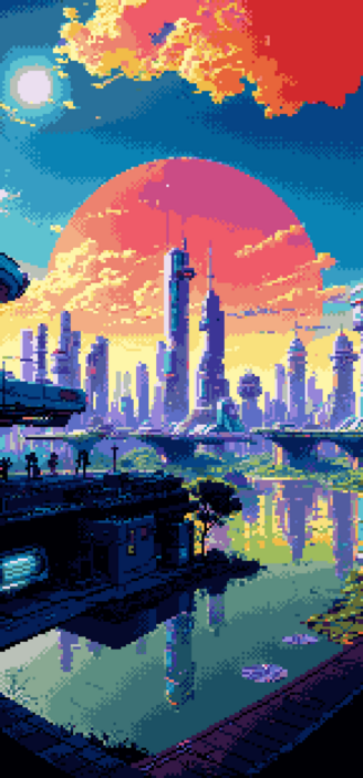 Phone wallpaper version of a pixel art of a dream yet to be realised, a cityscape nestled on the horizon of tomorrow. Futuristic edifices rise towards the azure sky, conceived from the womb of advanced technology and eco-conscious vision. Bathed in the unending radiance of a bright, sunny day, the city pulses with the rhythm of a thousand suns. This is a solarpunk panorama, a testament to the harmonious marriage of nature and technology, where the future does not just promise but guarantees optimism. It's an emblem of hope, of green dreams nurtured under the golden sun, a beacon of light in the wide expanse, forever glowing, forever hopeful.  