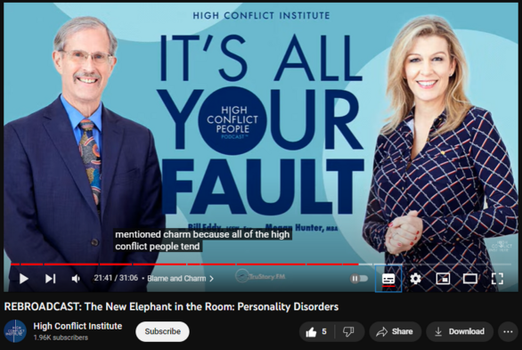REBROADCAST: The New Elephant in the Room: Personality Disorders
https://www.youtube.com/watch?v=J0xhXw8MyBM
Note: We are not diagnosing anyone in our discussions, merely discussing patterns of behavior.
00:00 - Welcome to It's All Your Fault
00:34 - How to Understand Personality Disorders
02:00 - Are Personality Disorders a Type of Mental Illness?
05:30 - Higher Percentage?
07:36 - A Different Way to Find the Solution
10:59 - Careful Labelling
11:47 - How Would I Know?
14:00 - Idaho Murder Case Example
18:24 - Personality Disorder Does Not Equal HCP
20:41 - Blame and Charm
22:34 - Always There
23:22 - Lack of Self-Awareness
24:53 - Explaining Personality Disorders
28:55 - Last Thoughts
29:43 - Reminders & Coming Next Week: Getting It Backwards in Family Court

It’s All Your Fault: High Conflict People
Episode 41, Season 2
August 17, 2023

★ Episode details: https://share.transistor.fm/s/0ca318fa

★ Additional episodes: https://trustory.fm/its-all-your-fault