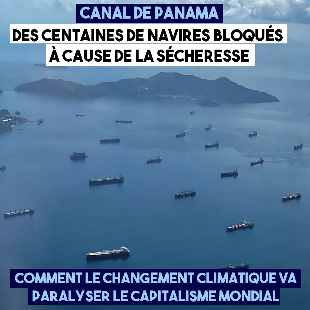 De nombreux porte-containers vus du ciel à l'entrée du canal de Panama