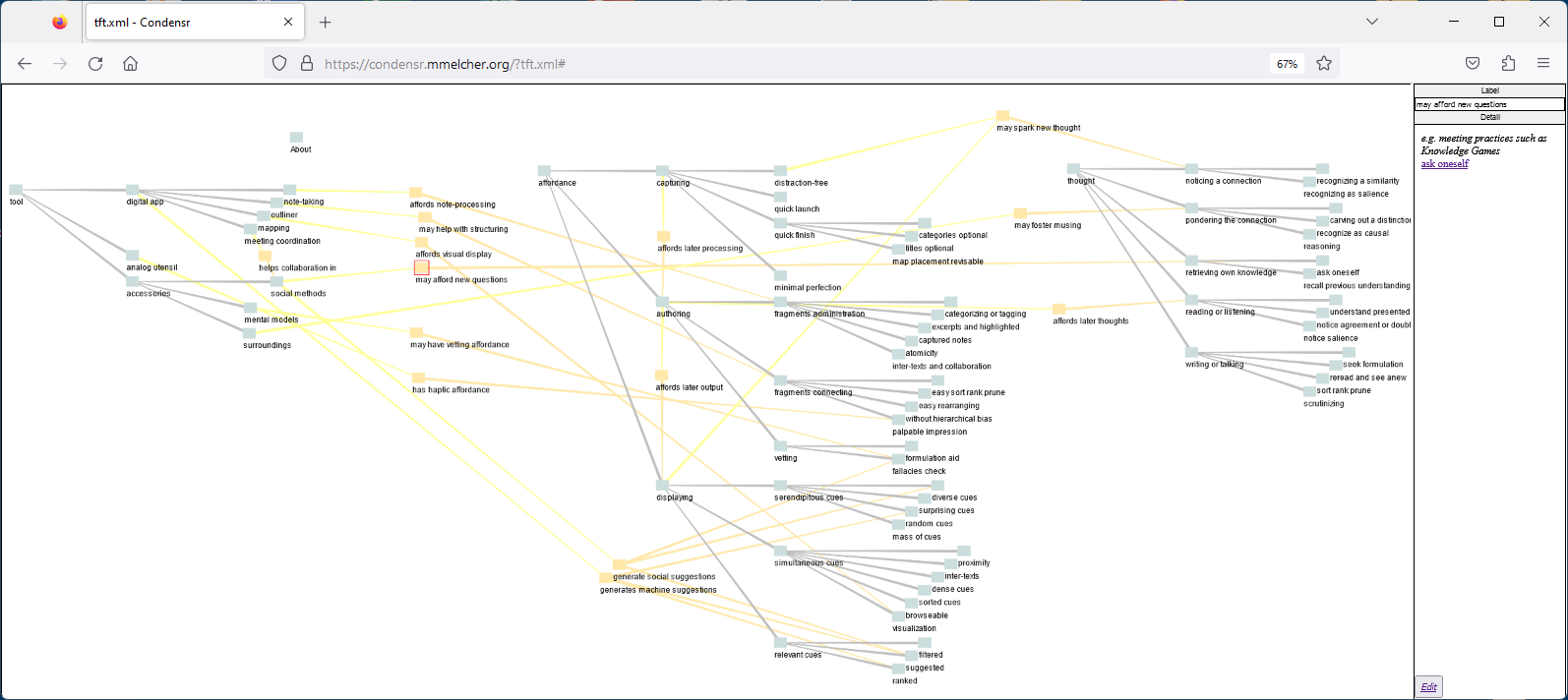 A screenshot of a mapping app that shows ontology concepts such as tools, affordances and thoughts, plus the 'ObjectProperties' with arrows.