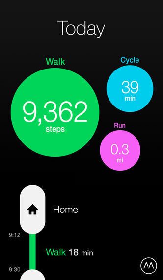 Moves, developed by ProtoGeo (screenshots circa 2013)

Home screen - timeline
"Today" view

black background
Giant green "walk" circle "9,362 steps" medium blue "cycle" circle "39 min", smaller pink "Run" circle ".3 mi"

Timeline view that auto-fills as you move throughout the day.

Home
walk - 18 min
