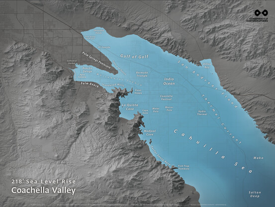 A map of coachella Valley with 66 meters sea level rise