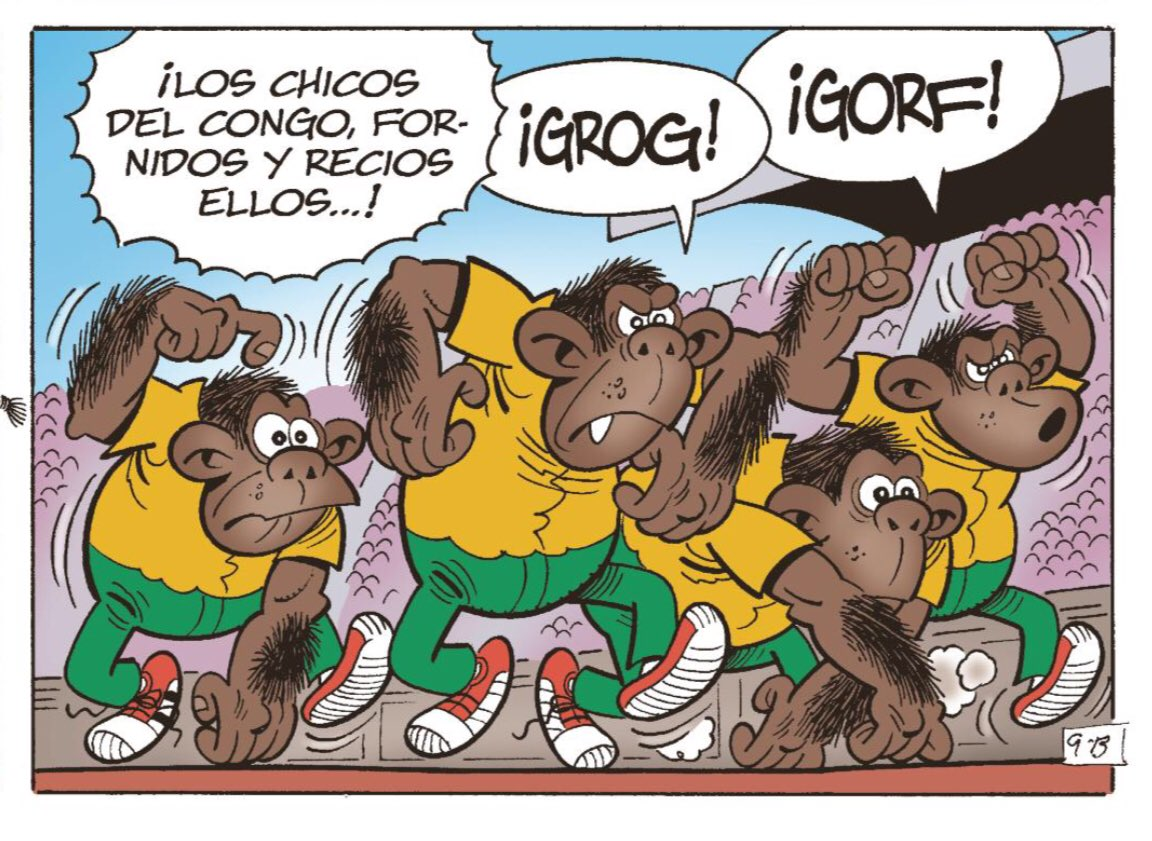 Especial de Tokio 2020 de Mortadelo y Filemón en el que los deportistas del Congo se representan literalmente como orangutanes que lanzan gruñidos.